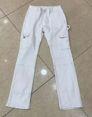 2024 New High Elasticity Solid Color Casual Multi Pocket Workwear Fashion Trend Versatile Lifting Hip Long Jeans for Women
