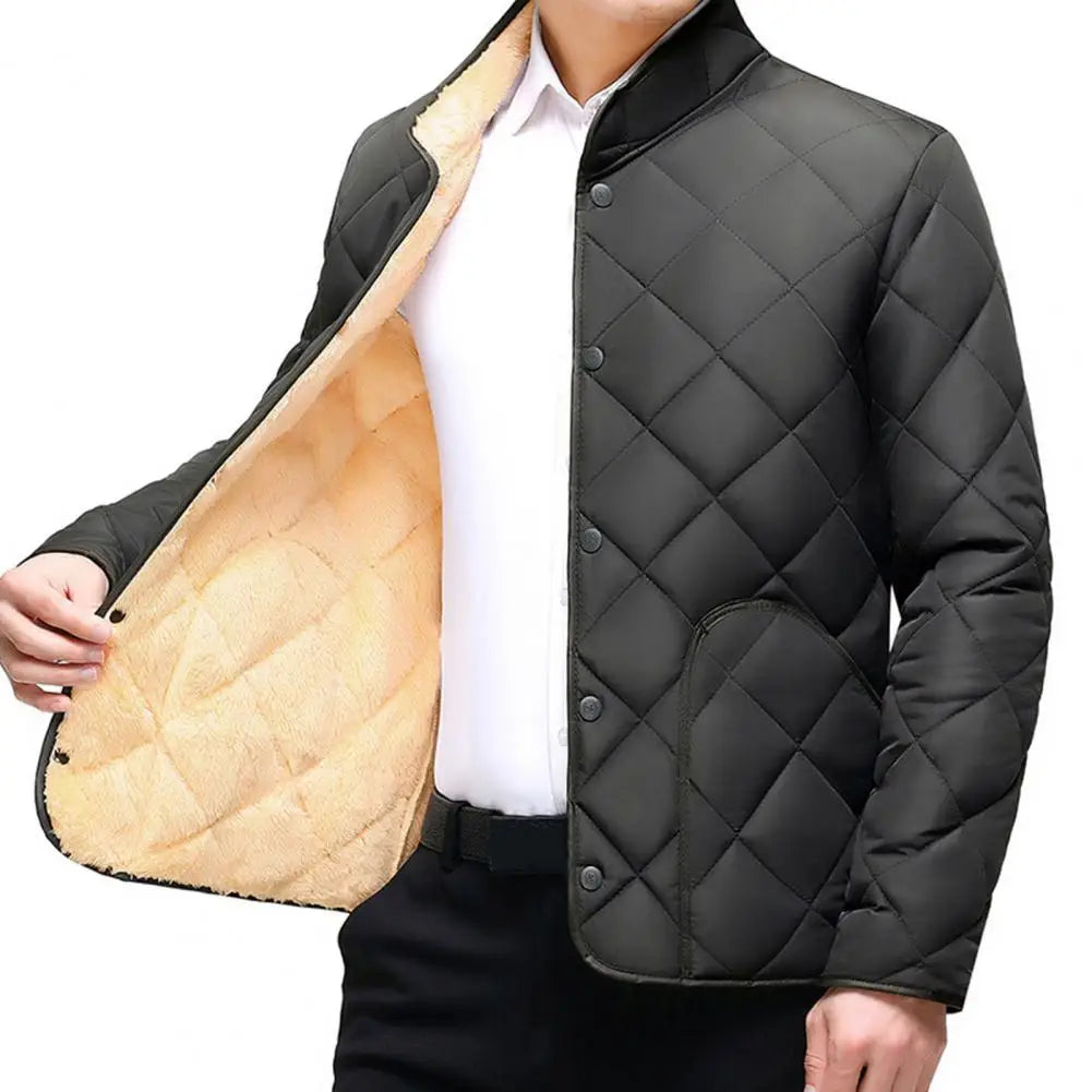 Single-breasted Coat Thickened Cotton Coat Cozy Men's Winter Coat Thick Plush Padding Stand Collar Warm Neck Protection Plus