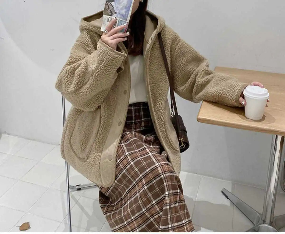 Lamb Wool Coat Women Parkas Thick Warm Coats Korean Solid Single Breasted Hooded Loose Tops Jacket Splice Regular Winter