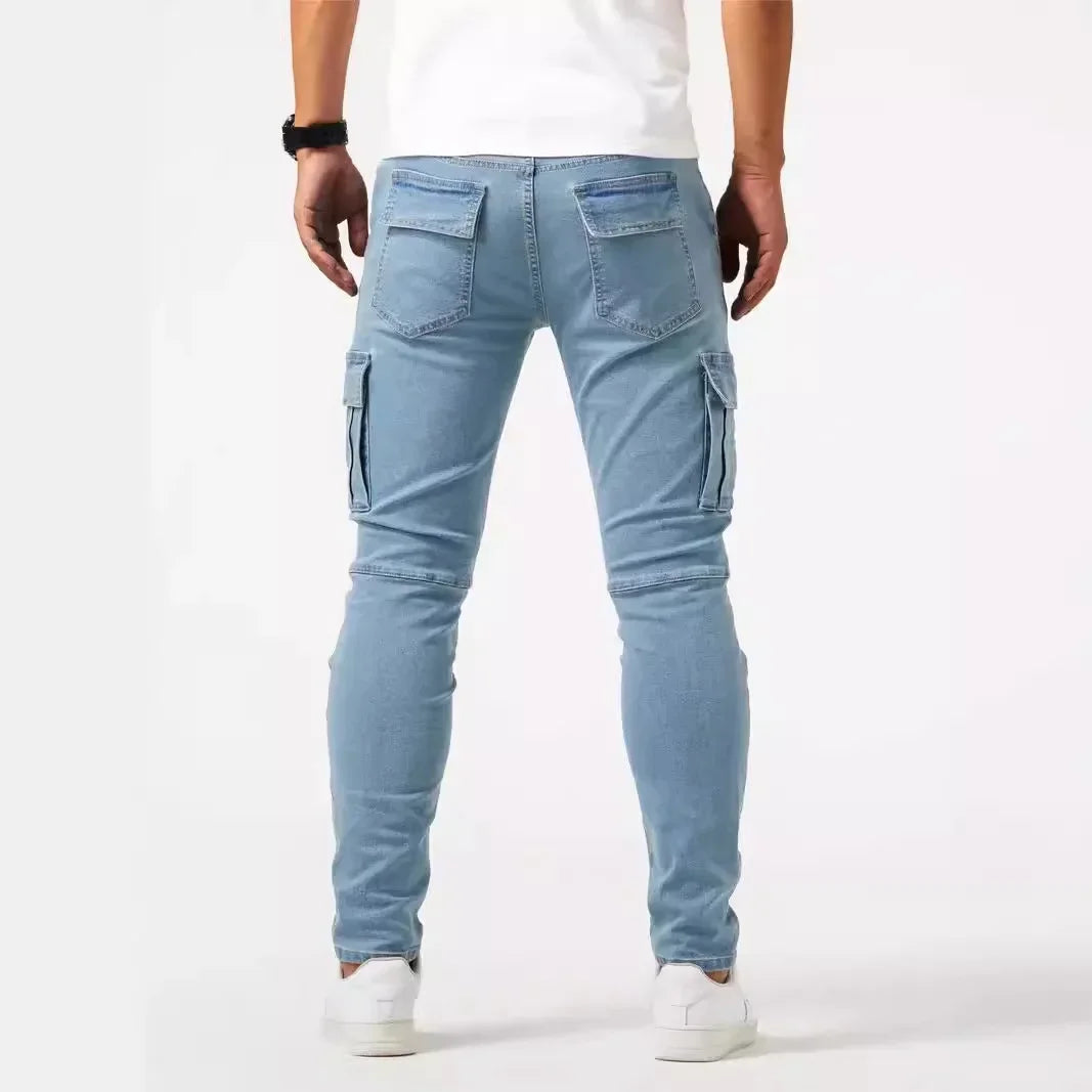 Nuevos pantalones vaqueros ajustados con bolsillos laterales para hombre, pantalones pitillo de mezclilla de cintura alta de color liso, pantalones de verano