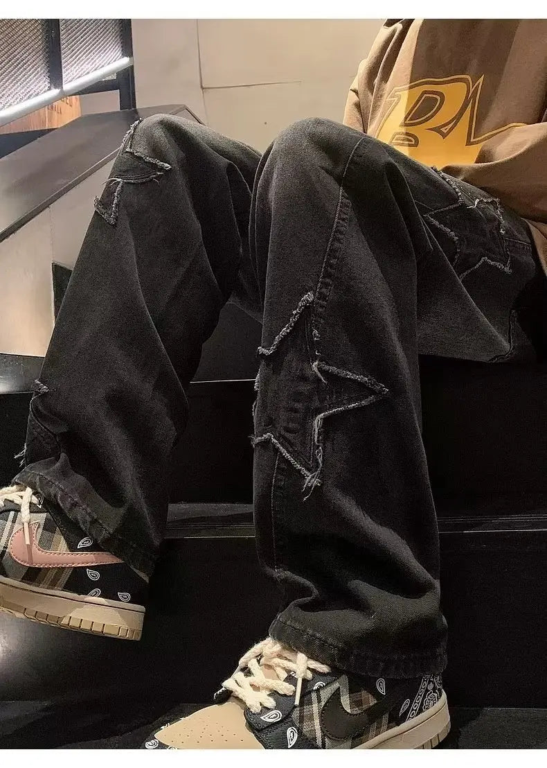 Pantalones vaqueros rectos informales con bordado de estrellas para hombre, estilo gótico, neutros, nuevos, holgados, de pierna ancha, estilo hip-hop, estilo urbano, pantalones vaqueros Y2K para hombre