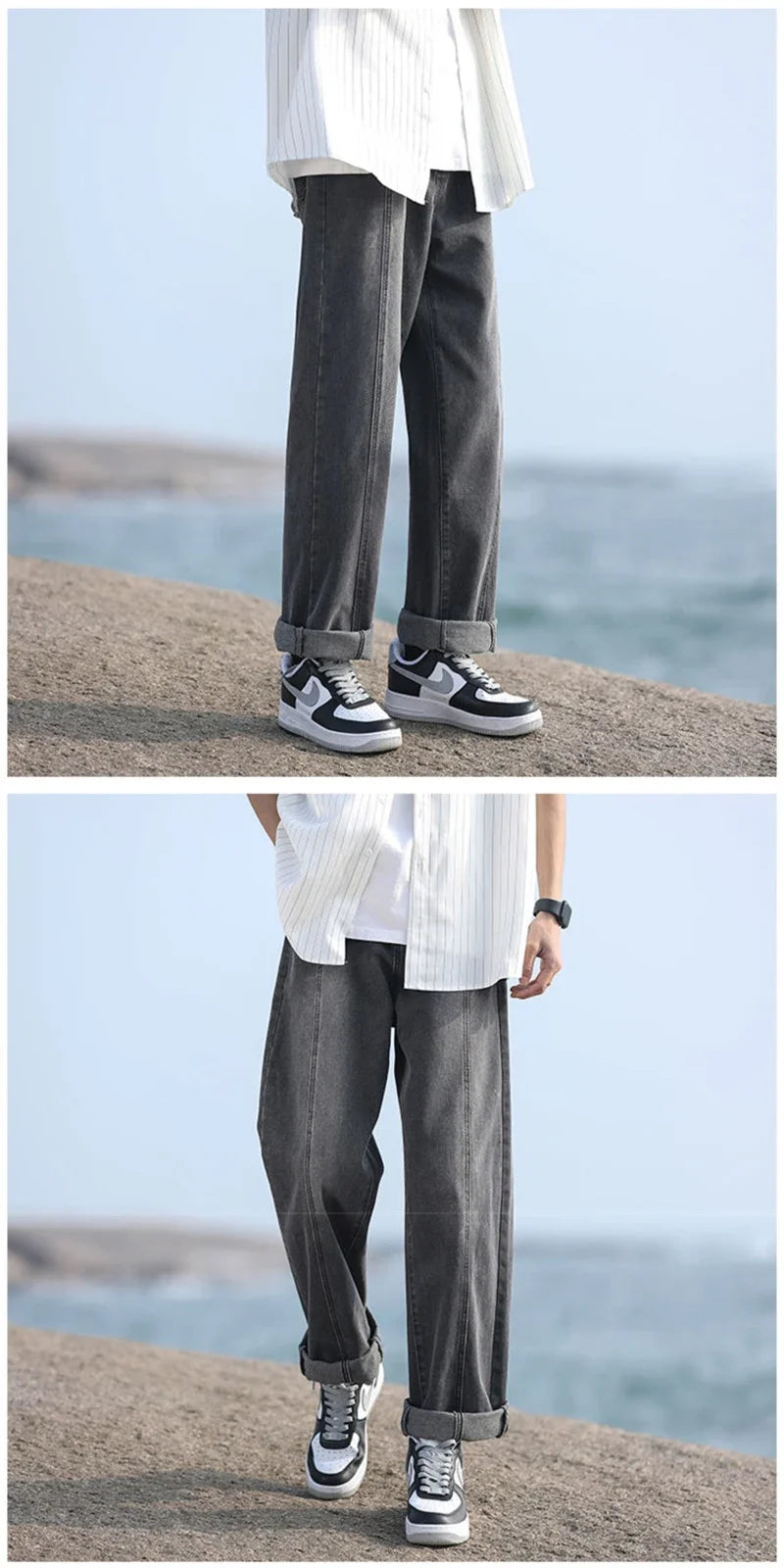 New Korean Fashion Baggy Jeans For Men Classic Drawstring Straight Denim Pants Y2K Vintage Jean Streetwear Wide-leg Trousers