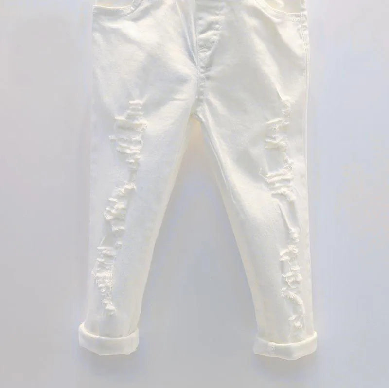 Pantalones vaqueros blancos de mezclilla para niñas y niños de otoño 2025, pantalones rotos para niños de 2, 3, 4, 5, 6 y 7 años