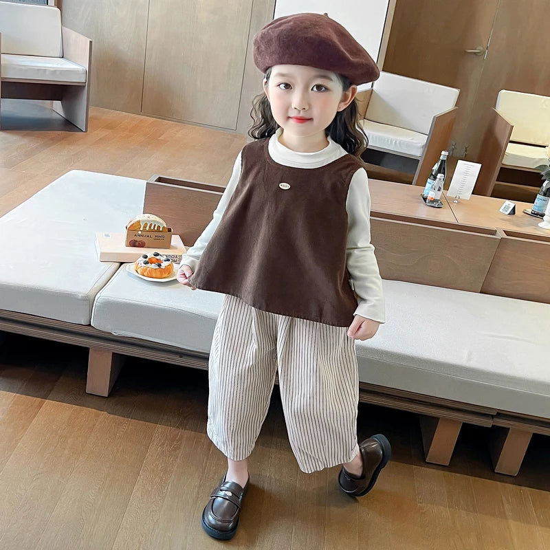 Girls Autumn Spring Clothing Set Fashion Children's Bow Tie Vest + Undershirt + Wide-Leg Pants Three-Piece Set 2025 New