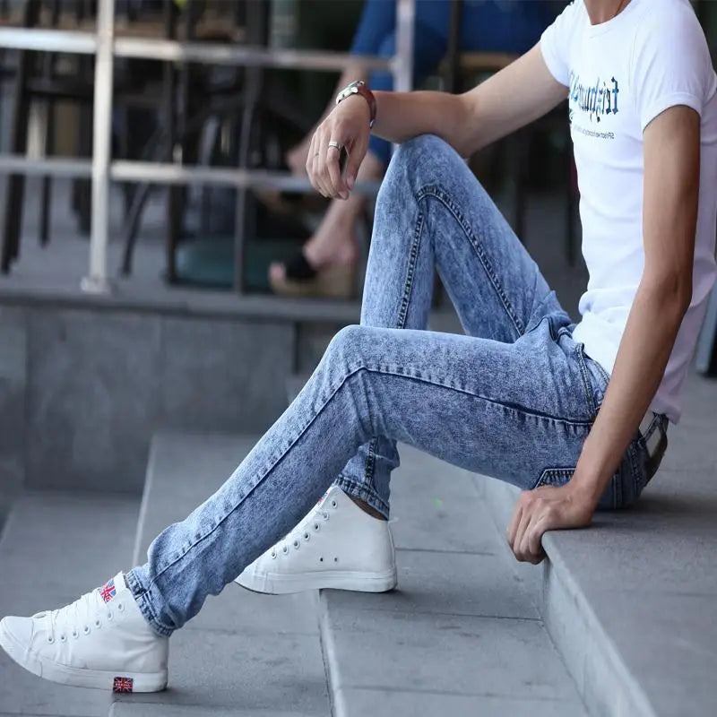 Pantalones vaqueros ajustados de estilo coreano para hombre, de lujo, para la nieve, para jóvenes, para primavera y otoño, informales, de algodón