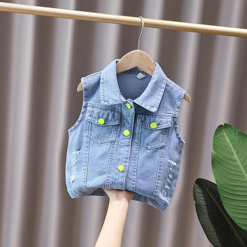 Cool Denim Vest Coat Kids Boys Girl Fashion Ripped Denim Vest Sleeveless Jean Jacket Waistcoat with Pockets Casual School Wear