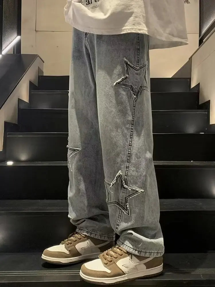 Pantalones vaqueros rectos informales con bordado de estrellas para hombre, estilo gótico, neutros, nuevos, holgados, de pierna ancha, estilo hip-hop, estilo urbano, pantalones vaqueros Y2K para hombre