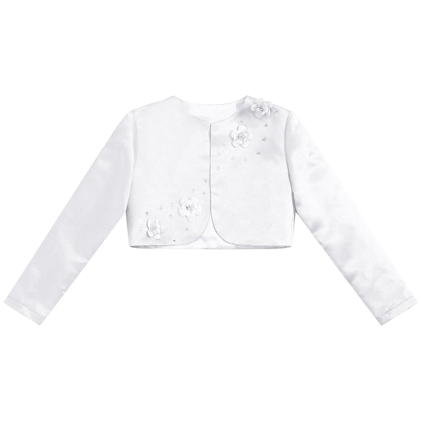 Kids Girls Satin Bolero Jackets Rhinestone Flower Elegant Cardigan Long Sleeve Open Front Shrug Cape Wedding Party Dress Outwear