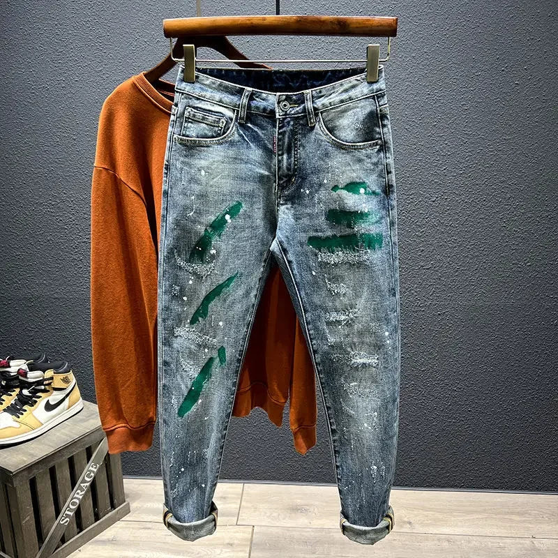 Trendy Jeans Men's Slim Fit Autumn 2024 New Style Ripped Punk Denim Pants Versatile Stretchy Little Shorts For Men