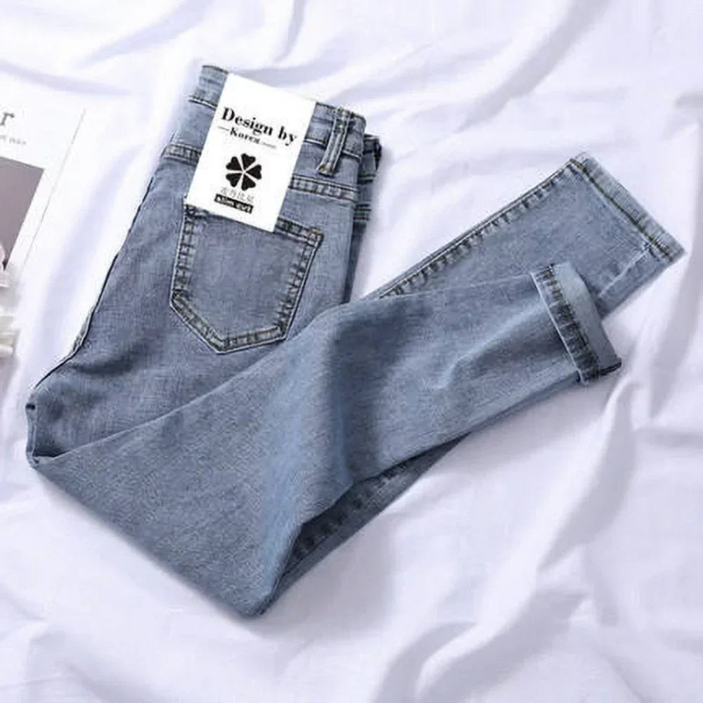Pantalones vaqueros de cintura alta para mujer, de mezclilla, para primavera y verano, nuevos, ajustados, elásticos y combinables.