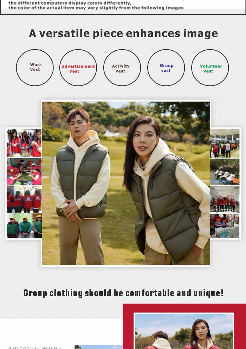 Customized Logo Winter Coat Windproof Vest Thick Stand Up Collar DIY Down Cotton Printing Company Brand Jacket Sleeveless