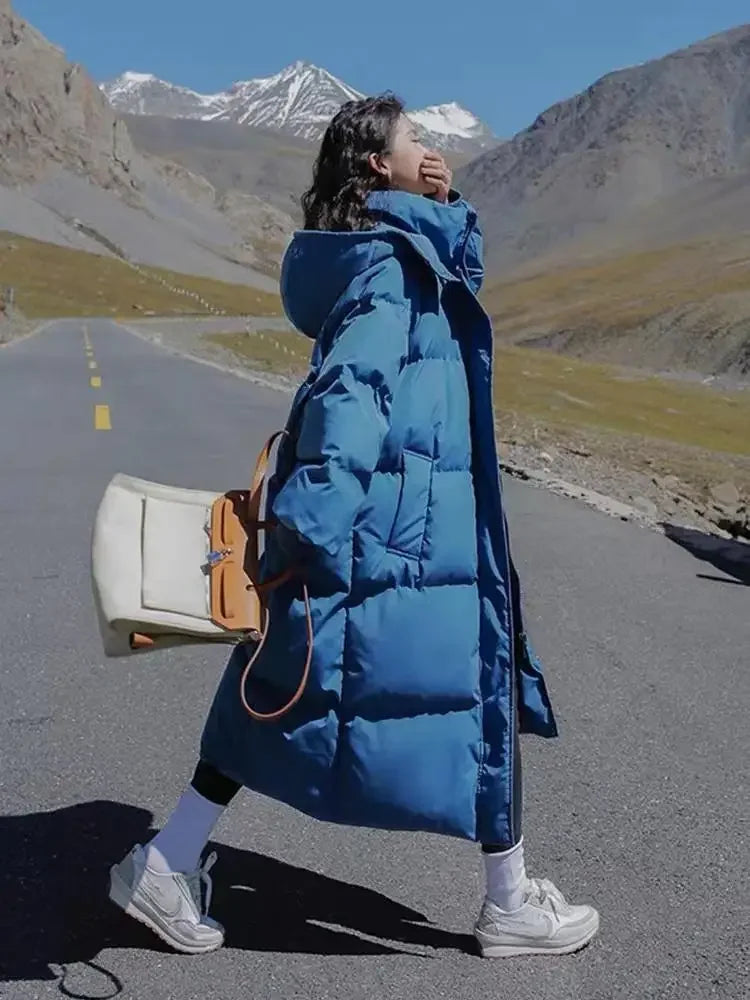 New Winter 2024 Women's Long Jacket Jacket Thickened Korean Loose Stylish Windproof Warm Hooded Down Cotton Jacket Coat
