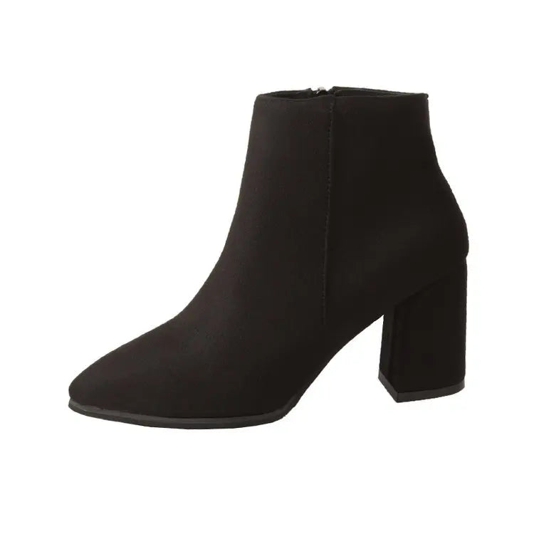 New Simple Ankle Boots Square Heel Booties Side Zippers Pointed Suede High Heels Fashion Women's Boots