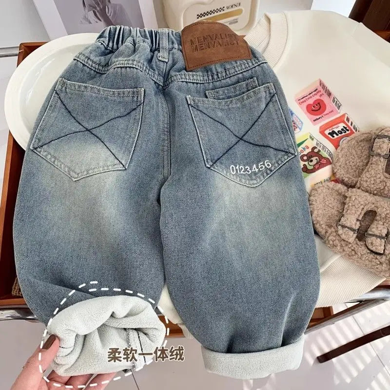 New Boys' All in One Fleece Jeans Autumn and Winter Children's Stylish Warm Pants Kids Handsome Elastic Trousers