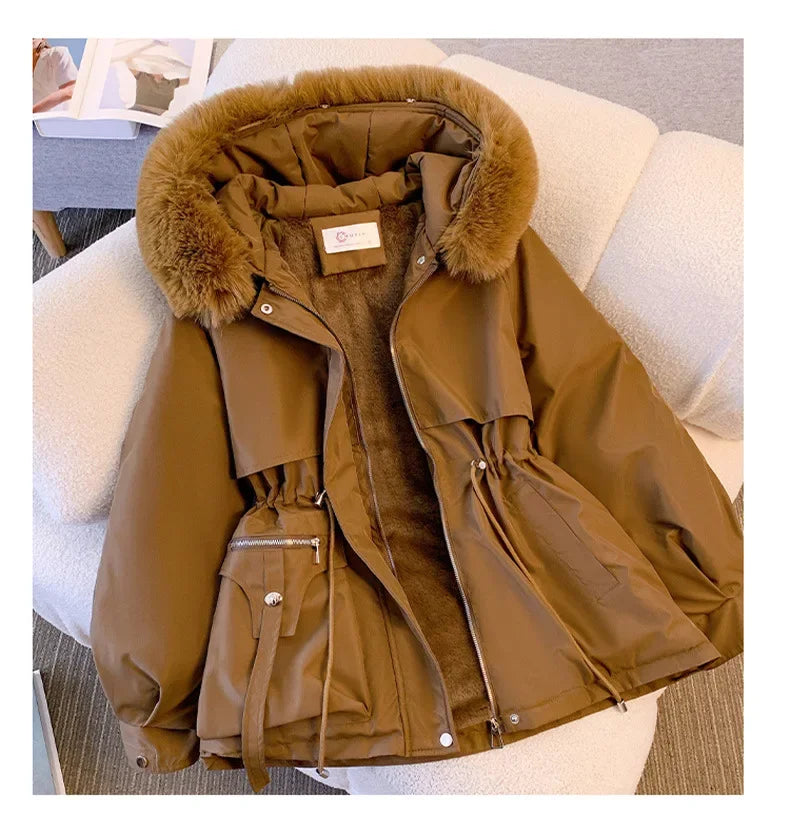 Fur Hooded Women Thick Parkas Zipper Autumn Coats Elastic Waist Midi Jackets Pockets Coats Elegant Coat Warm Winter 2024