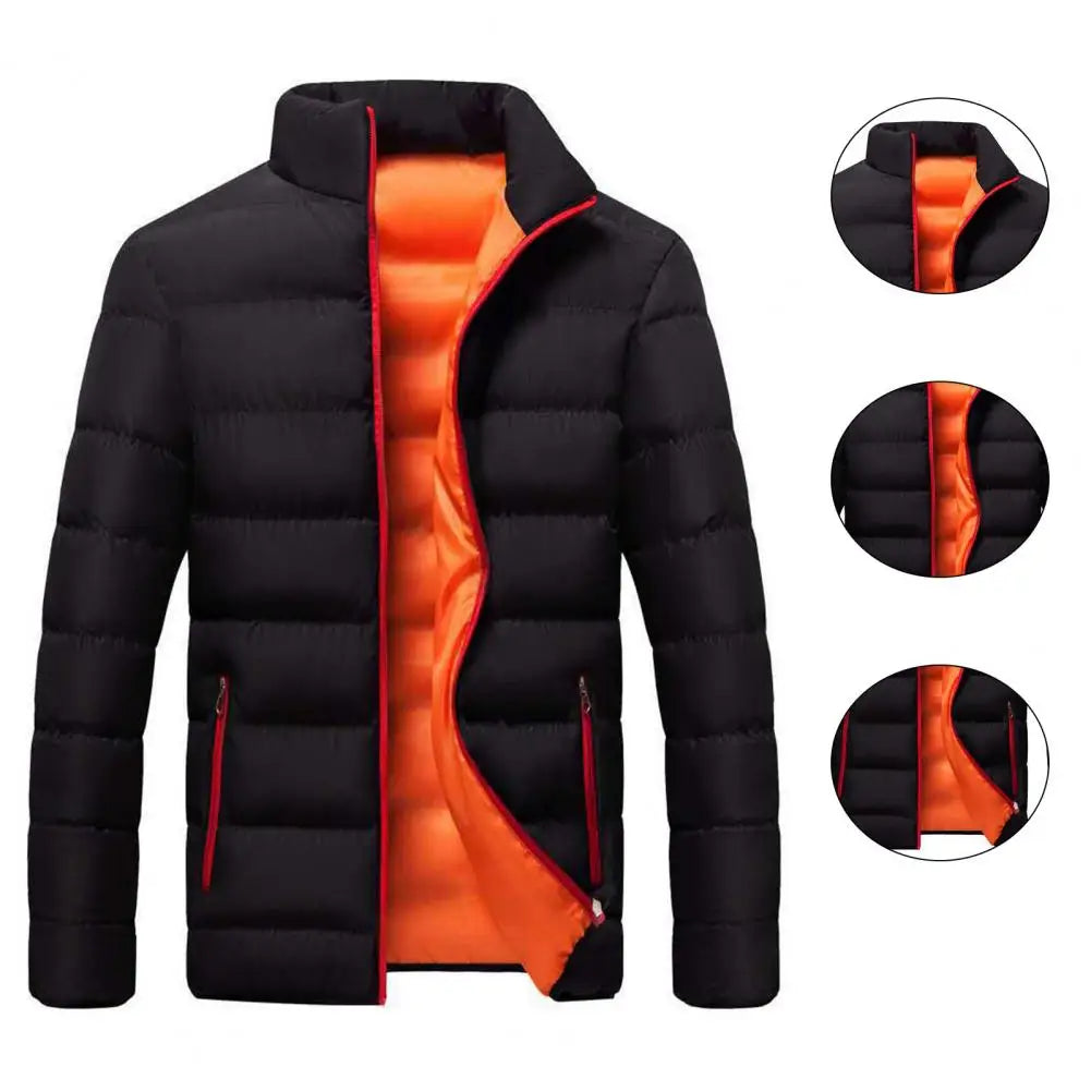 Parkas Zipper Pockets Long Sleeve Men Padded Cotton Coat Zipper Closure Stand Collar Slim Male Puffer Coat Male Windbreaker