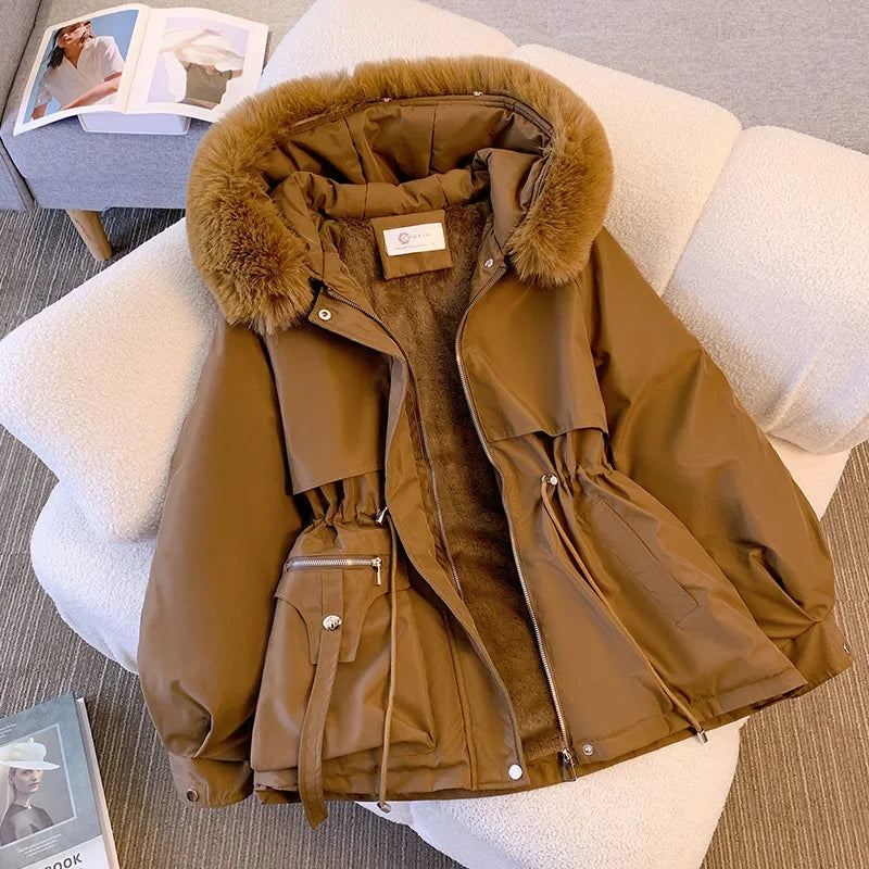 Fur Hooded Women Thick Parkas Zipper Autumn Coats Elastic Waist Midi Jackets Pockets Coats Elegant Coat Warm Winter 2024