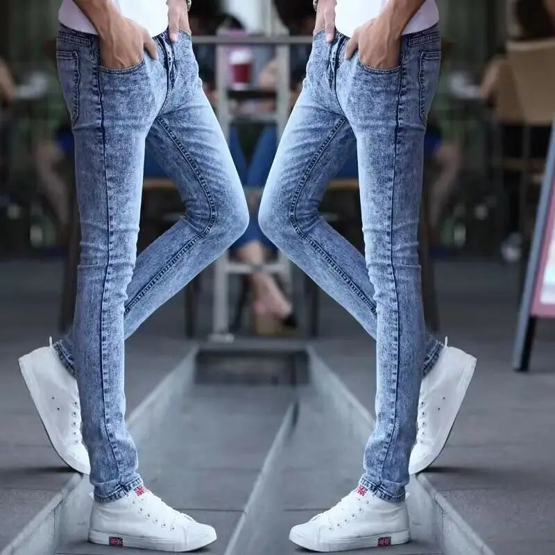 Pantalones vaqueros ajustados de estilo coreano para hombre, de lujo, para la nieve, para jóvenes, para primavera y otoño, informales, de algodón