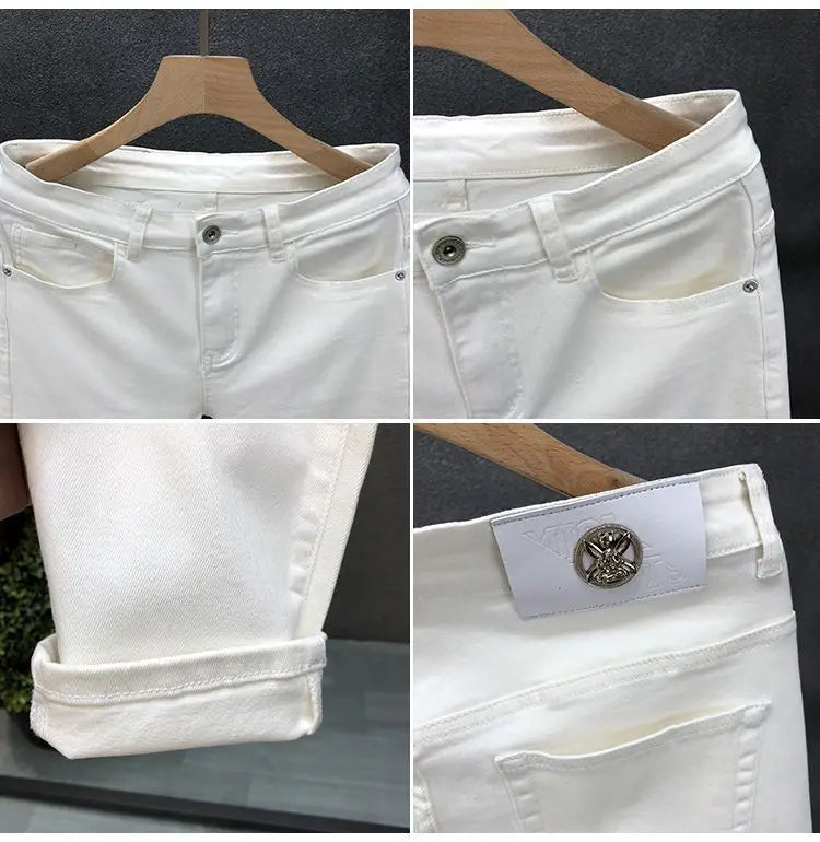 Vaqueros ajustados de estilo coreano de alta calidad para hombre, de estilo urbano, para primavera y otoño, con tela vaquera y pantalones casuales punk en blanco y negro liso.