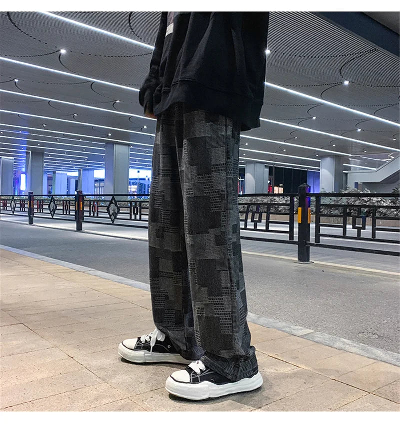 Autumn Blue Black Plaid Jeans For Men Y2K Vintage Wide-leg Jean High Street Loose Straight Denim Trousers Hip Hop Pantalones