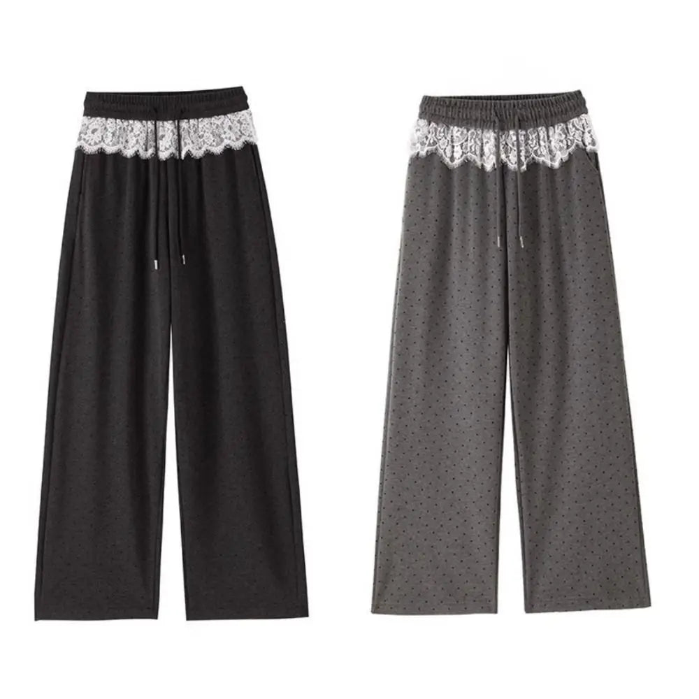 Soft Lace Straight Leg Pants High Waist Drawstring Women Casual Pants Trousers Streetwear Wide Leg Loose Pants Daily