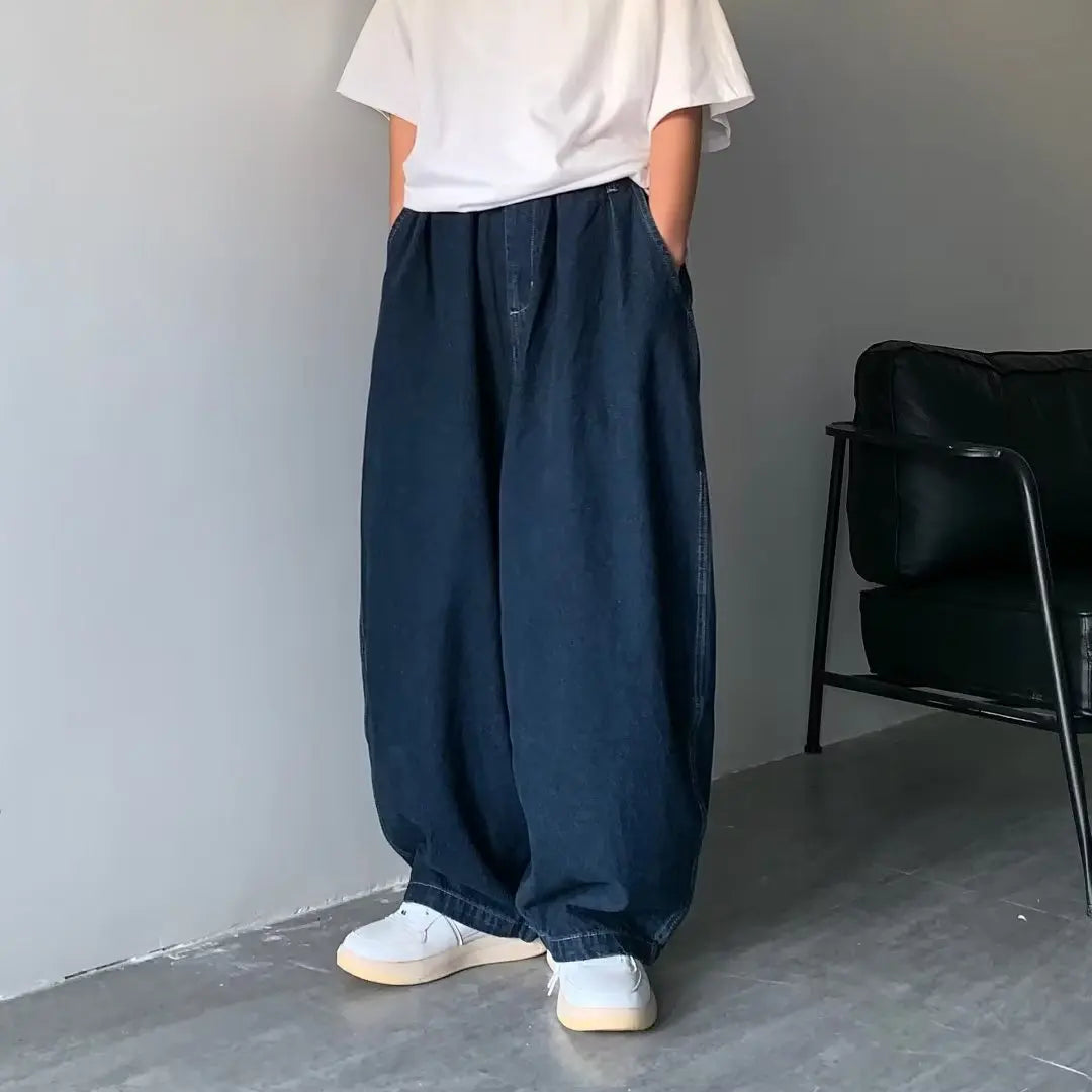 Men Wide Leg Pant Jeans Long Denim Pants Straight Trousers Elastic Waist Pocket Loose Casual Regular Solid Splice Autumn Winter