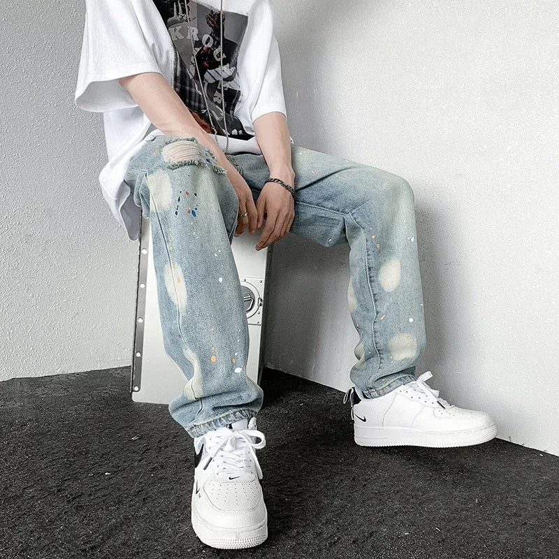 Men's Splashing ink Ripped Baggy Jeans 2024 New Hip Hop Fashion Graffiti Holed Straight-leg Denim Pants Y2k Streetwear Jean