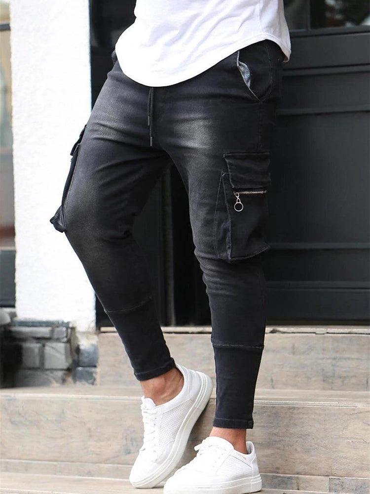 Jeans pour hommes, pantalon cargo en denim délavé, couleur unie, multi-poches, décontracté, taille moyenne, style urbain, élastique, coupe slim, pour usage quotidien, jogging