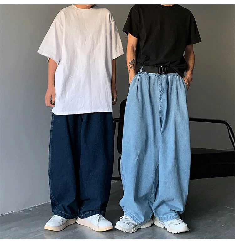 Men Wide Leg Pant Jeans Long Denim Pants Straight Trousers Elastic Waist Pocket Loose Casual Regular Solid Splice Autumn Winter