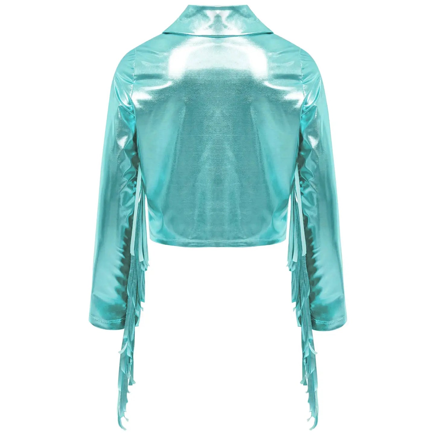 Kids Girls Tassels Metallic Jacket Top Fringe Shiny Turn-Down Collar Long Sleeve Zipper Jacket Coat for Hip Hop Street Dance