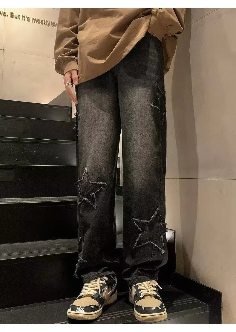Pantalones vaqueros rectos informales con bordado de estrellas para hombre, estilo gótico, neutros, nuevos, holgados, de pierna ancha, estilo hip-hop, estilo urbano, pantalones vaqueros Y2K para hombre