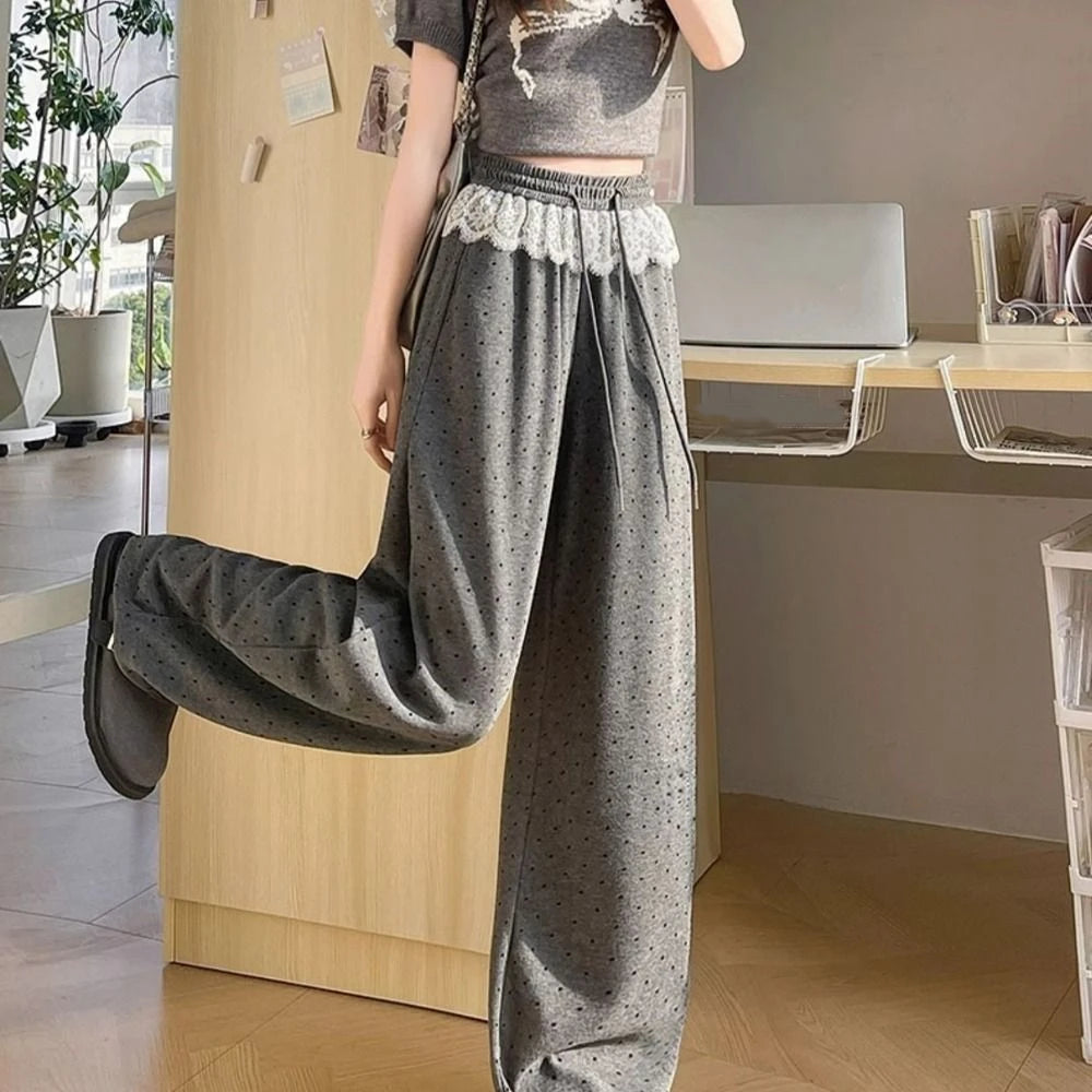 Soft Lace Straight Leg Pants High Waist Drawstring Women Casual Pants Trousers Streetwear Wide Leg Loose Pants Daily