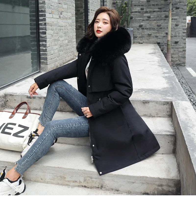 Cotton Liner Parker Women Long Coat Parka Coats Adjustable Waist Fur Collar Winter Jacket Coat Medium Long Hooded Parka Jackets