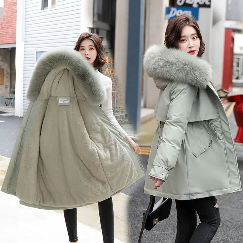Spring Parkas Women Coats Mid Length Coat Thick Warm Hooded Drawstring Jackets Splice Zipper Tight Waist Jacket Autumn Winter