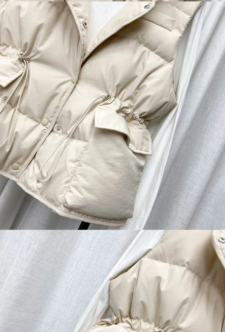 Parkas Women Vest Coats Thick Warm Sleeveless Turn Down Collar Drawstring Tight Waist Coat Single Breasted Autumn Winter