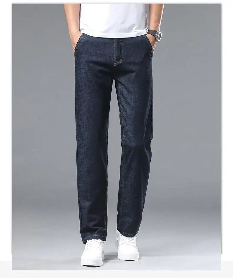 Spring Summer Business Jeans Men Light Blue Casual Straight Stretch Fashion Classic Work Denim Trousers Brand Clothing