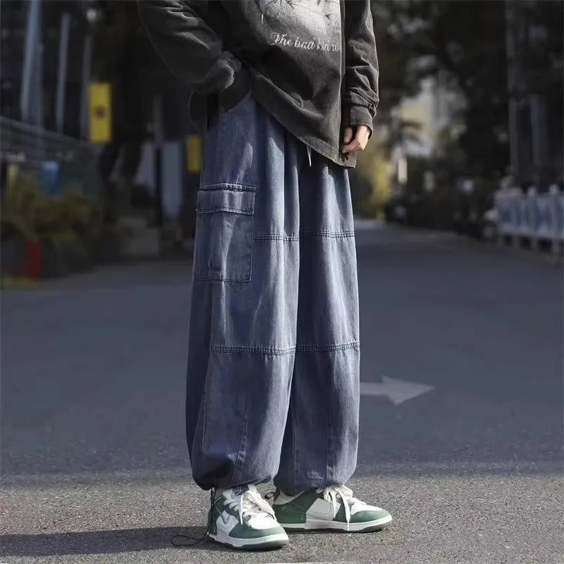 Men Denim Jeans Wide Leg Pants Cargo Long Pant Splice High Waist Loose Casual Button Pocket Straight Trousers Autumn Winter