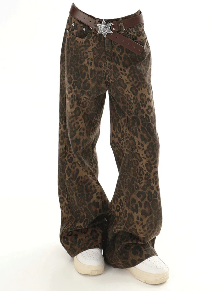 Baggy Leopard Jeans Coquette y2k clothes Women High Waisted Casual Wide Leg Denim Pants Fashion Streetwear Retro Straight Jeans