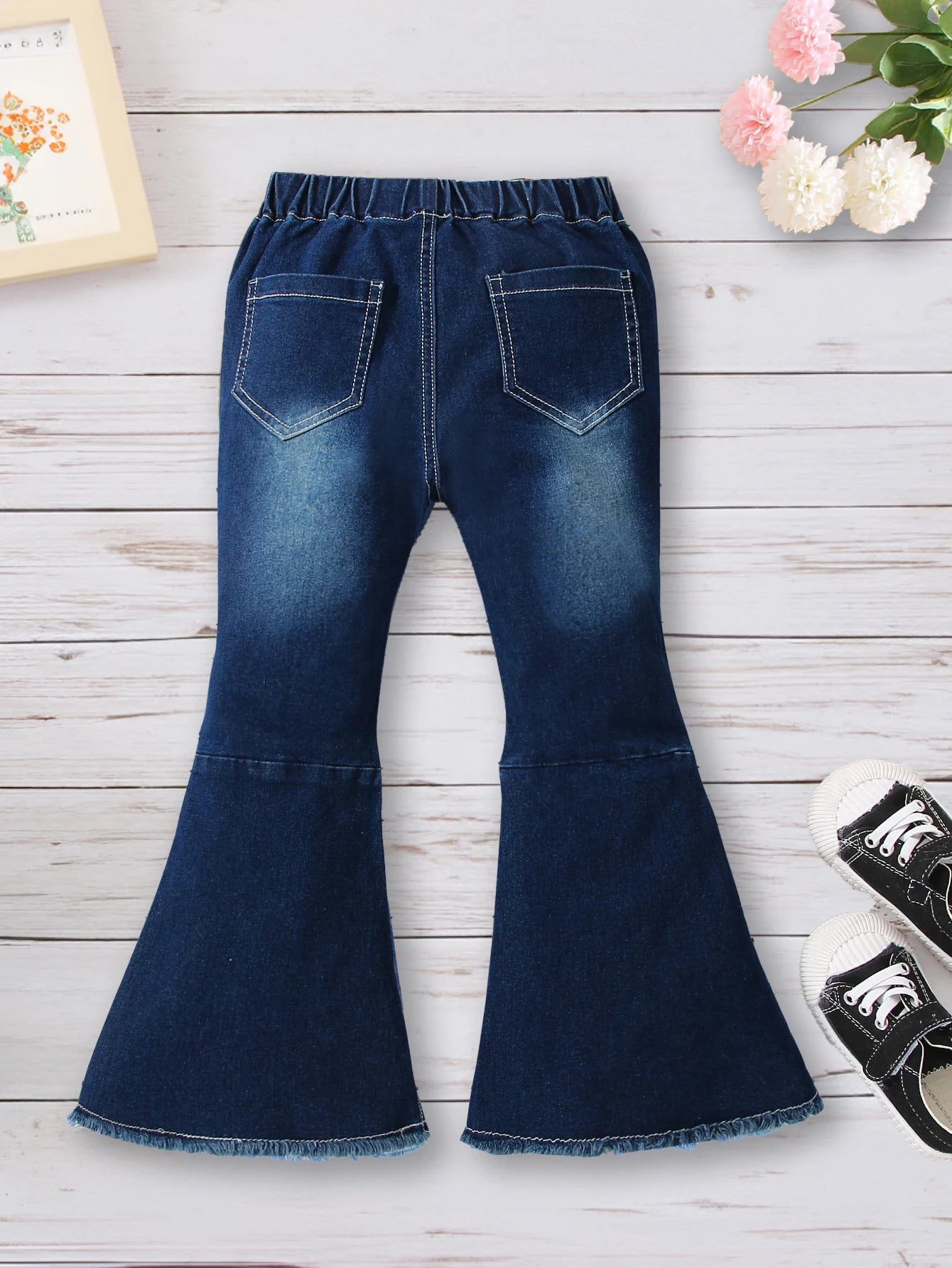Girls' Solid Flared Denim Pants With Bow Tie, Regular Fit Casual Jeans, For Cute And Smart Look, Autumn/ Winter/ Spring
