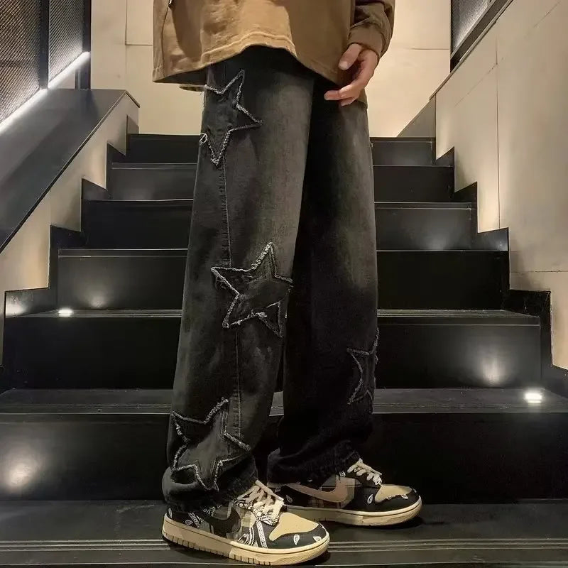 Pantalones vaqueros rectos informales con bordado de estrellas para hombre, estilo gótico, neutros, nuevos, holgados, de pierna ancha, estilo hip-hop, estilo urbano, pantalones vaqueros Y2K para hombre