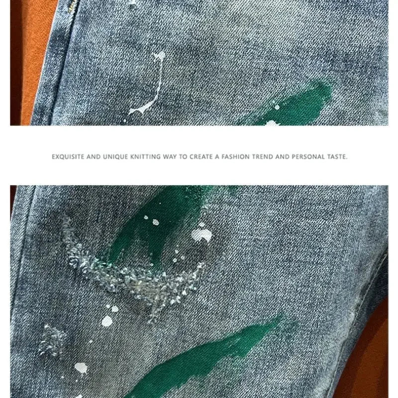Trendy Jeans Men's Slim Fit Autumn 2024 New Style Ripped Punk Denim Pants Versatile Stretchy Little Shorts For Men