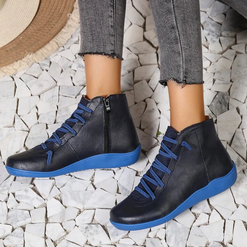 Bottines de neige plates à bout rond et fermeture éclair pour femme, chaussons en laine, bottines en cuir synthétique