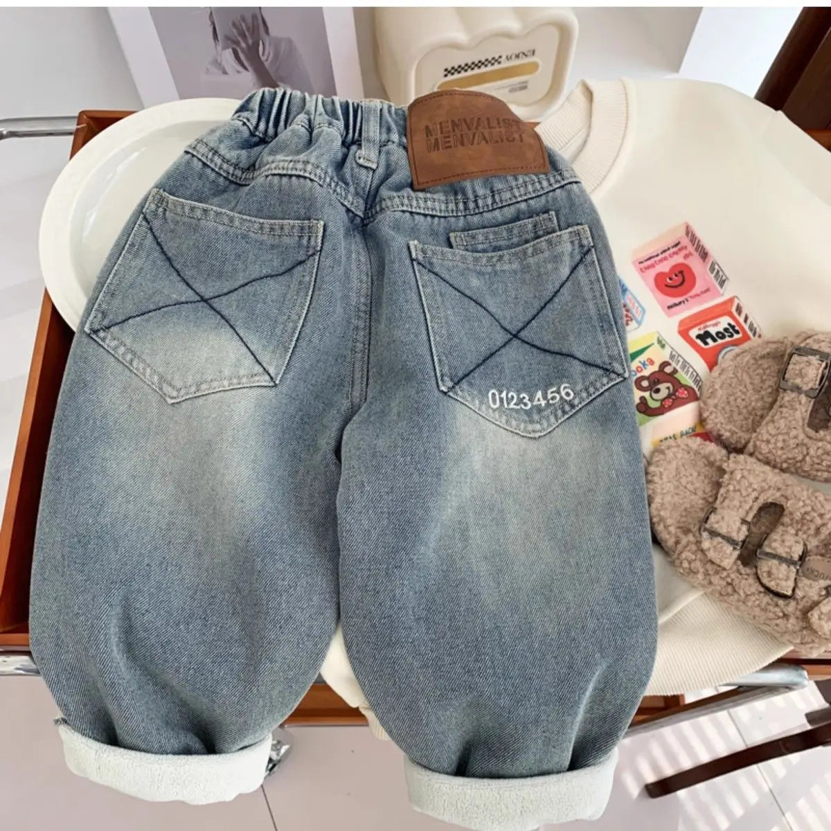 New Boys' All in One Fleece Jeans Autumn and Winter Children's Stylish Warm Pants Kids Handsome Elastic Trousers