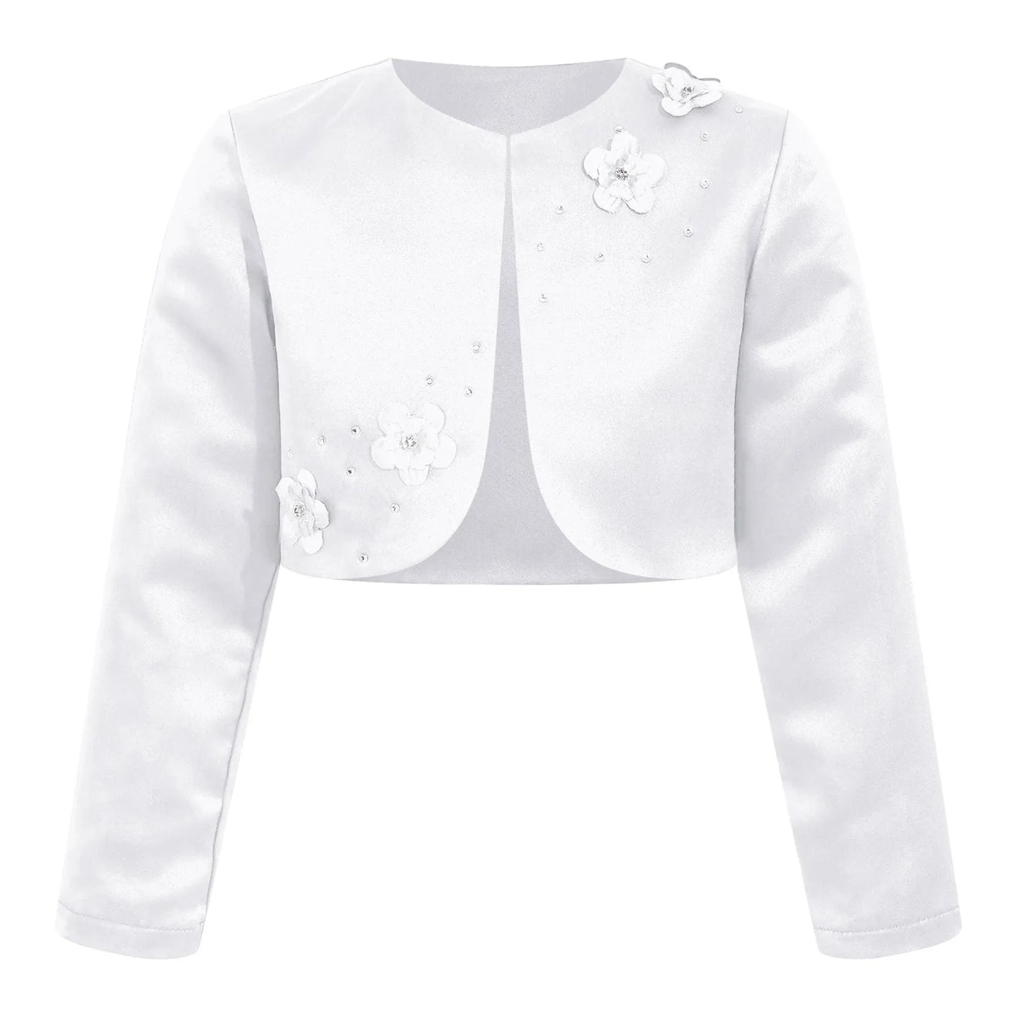 Kids Girls Satin Bolero Jackets Rhinestone Flower Elegant Cardigan Long Sleeve Open Front Shrug Cape Wedding Party Dress Outwear