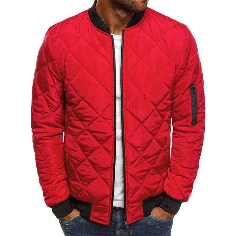 Men's Solid Color Diamond Check Seaming Thickened Standing Collar Cotton-padded Jacket, Winter New Casual Warm Zipper Jacket