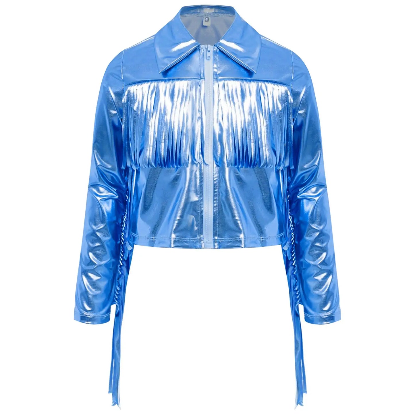Kids Girls Tassels Metallic Jacket Top Fringe Shiny Turn-Down Collar Long Sleeve Zipper Jacket Coat for Hip Hop Street Dance