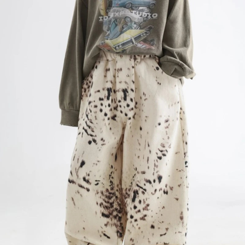 Pantalones vaqueros de estilo coreano para niños de 2 a 8 años, primavera y otoño, con estampado de leopardo y albaricoque, informales, de pierna ancha, versátiles, A05038