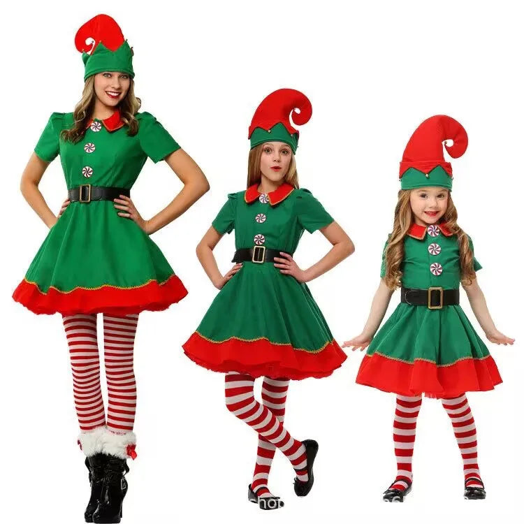 2025Christmas elf costumes, Santa Claus costume sets green elves Halloween cosplay