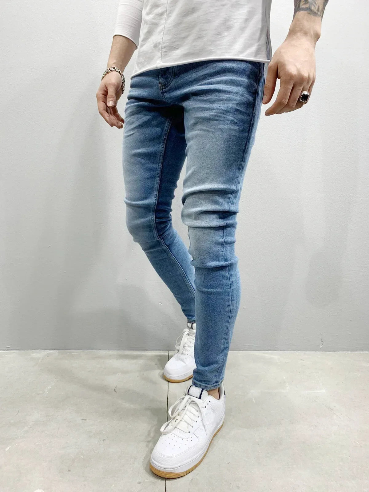 Men Jeans Denim Pencil Pants Sheath Ankle Length Washing Solid Slim Pockets Slight Strech Mid Waist High Street Y2k Streetwear