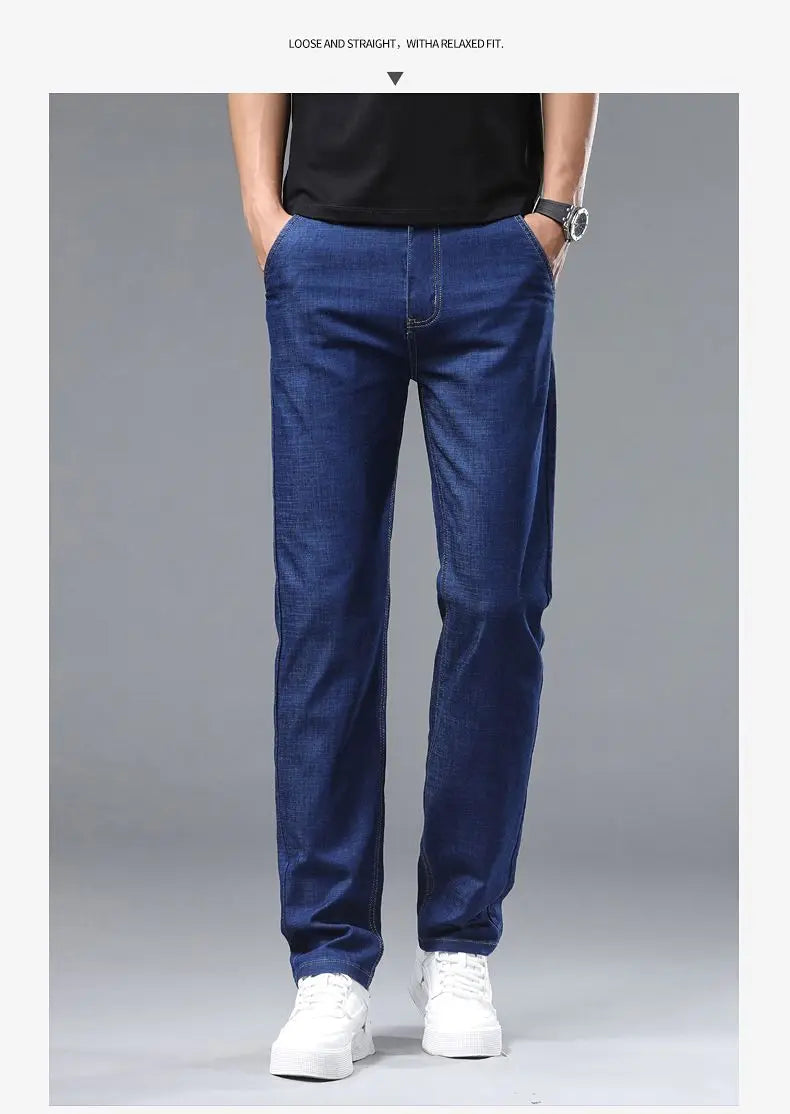 Spring Summer Business Jeans Men Light Blue Casual Straight Stretch Fashion Classic Work Denim Trousers Brand Clothing